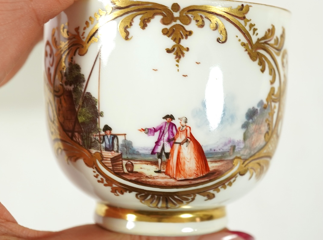 A Meissen cup and saucer, similar tea bowl and two saucers, c.1735-45